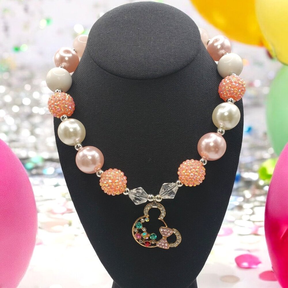 Adorable Pink Shades Bubblegum Beaded w/Gold Tone Colorful Rhinestone Necklace